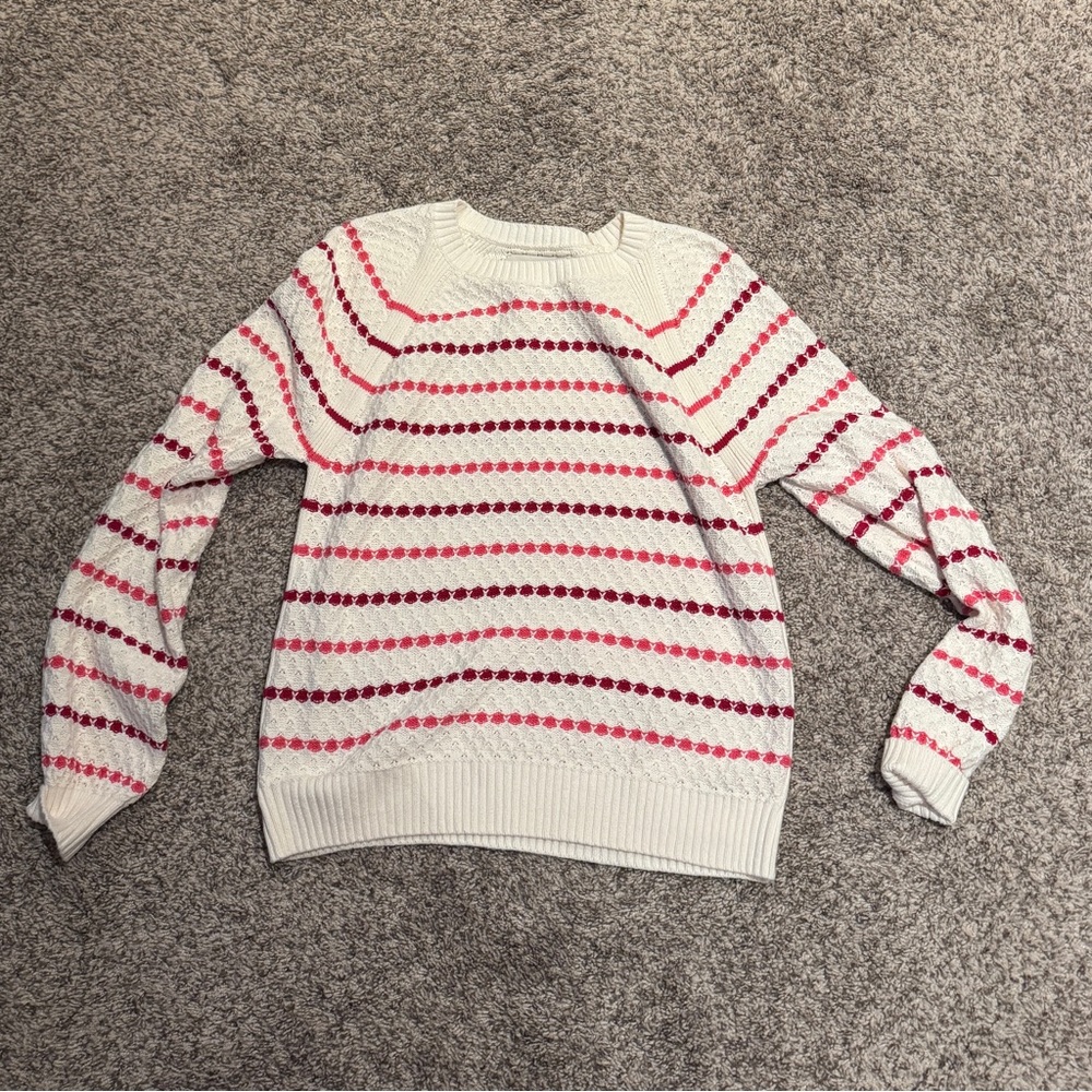 LOFT White and Pink Crew Neck Sweater with Stripes